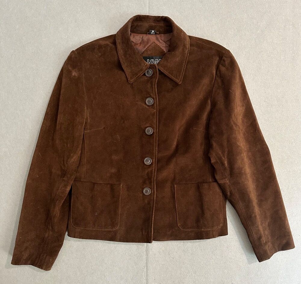 Vintage J&M Brown Suede Leather Jacket Women's Size Medium Button Front Coat
